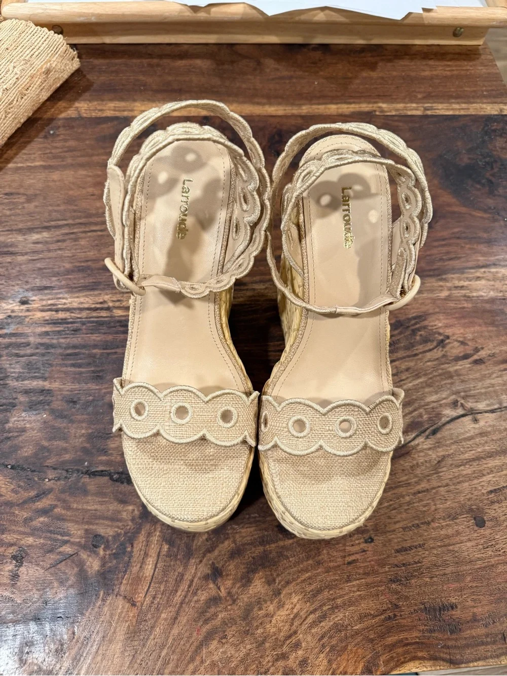Larroude Broderie Florence Wedge Sandals in Tan